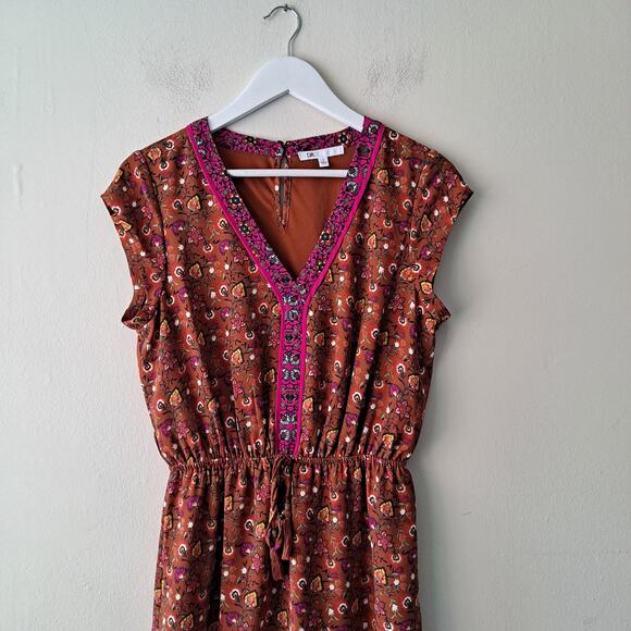 DR2 Dark Cinnamon Vneck Cap Sleeve Elastic Waist Border Print Floral Dress - S - Picture 6 of 13